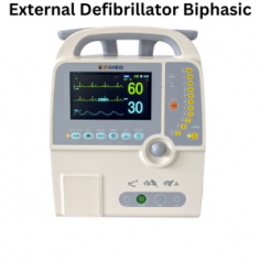 Zimed external defibrillator delivers energy settings from 0 to 360 J with < ±1% accuracy and an 8-second charging time at 360 J. It features biphasic defibrillation, manual operation, and includes external reusable paddles. Standard parameters include ECG and respiration monitoring.
