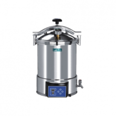 Labtro Portable Autoclave has a 24L capacity, 105°C-126°C temp range, 0.14-0.165 Mpa pressure, electric heating, stainless steel body, and 280 × 390 mm chamber. Features include a dual-scale pressure gauge, digital display, touch keys, auto shut-off, 99-min timer, and hand-wheel sliding door.