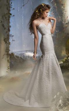 Robe de mariée naturel de traîne courte sans dos en dentelle avec ruban