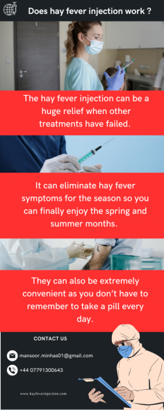 Does the hay fever injection work?
The hay fever injection can be a huge relief when other treatments have failed. It can eliminate hay fever symptoms for the season so you can finally enjoy the spring and summer months. They can also be extremely convenient as you don’t have to remember to take a pill every day.
Know more: https://www.hayfeverinjection.com/
