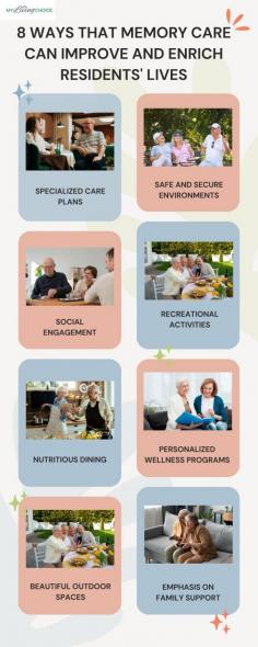 Are you concerned about your loved one’s memory or cognitive health? It may be time to explore specialized care options that can enhance their quality of life. Discover how a leading memory care communities, can positively impact your loved one's well-being. Read our blog to learn the "8 ways that memory care can improve and enrich residents' lives", providing them with the support, engagement, and compassionate care they deserve. For more details, visit: https://www.mylivingchoice.com/post/8-ways-that-memory-care-can-improve-and-enrich-residents-lives