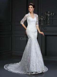 Robe de mariée longue naturel avec décoration dentelle de col en v en 1/2 manche