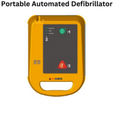 Zimed portable automated defibrillator offers automatic analysis with energy settings of 150 J and 200 J. It includes standard parameters like ECG and respiration, outputs a biphasic truncated exponential waveform, and uses biphasic sine wave technology. The device operates with a two-button system and features a three-step defibrillation process.
