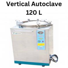 Labtron vertical autoclave with a 120-litre  capacity is designed with an LCD display with a touch-key pad that shows sterilization time, temperature, working status, and a safety interlock device that does not allow the door to open until there is no pressure in the chamber. It has a silicon rubber seal, a safety valve, and overpressure auto-discharge. 
