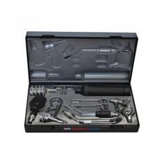 The ENT Diagnostic Kit features 10 instruments for detailed ear, nose, and throat exams. It includes an ophthalmoscope, otoscope (3X magnification), various speculums, laryngeal mirrors, and a plastic tongue depressor. With advanced illumination options and spare bulbs, this compact kit (320x210x150 mm, 1.5 kg) is ideal for precise diagnostics.