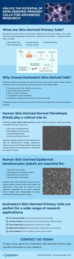 
Kosheeka offers high-quality skin-derived primary cells, ethically sourced and ideal for advanced research in areas like wound healing, cosmetic testing, and cancer research. Their cells, including fetal dermal fibroblasts and adult epidermal keratinocytes, support studies in skin repair, aging, and disease modeling. With high viability and customizable culture conditions, Kosheeka’s cells are perfect for pharmaceutical R&D, regenerative medicine, and tissue engineering. These cells enable researchers to drive innovation across multiple fields.

