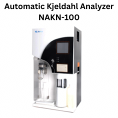 Labnics automatic Kjeldahl analyzer measures nitrogen and confirms protein using the Kjeldahl method for food, soil, and industrial uses. It has a range of 0.1 to 240 mg N, with a ≥ 99.5% recovery rate. Features include a visible titration cup, real-time monitoring, adjustable steam flow, and a temperature display.