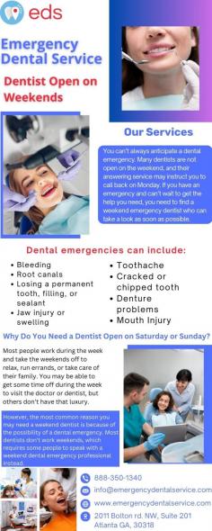 Tooth problems are missed and untreated, they occur any time of the day and not during office hours only. Emergency Dental Service is the best place for quality and friendly services when a patient needs help right away due to tooth pain, a missing tooth, or a bad tooth. First, we work on weekends, so always, you can call on us in case of any emergency when other businesses are closed. You can visit our Emergency Dentist open on Sunday in Indianapolis, IN, by booking an appointment through the phone number 1-888-350-1340. 

Website: https://emergencydentalservice.com/weekend-dentist-open-saturday-sunday/indianapolis-in
