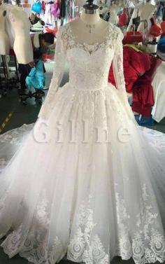 Abito da Sposa in Organza con Maniche Lunghe in Tulle con Applique Quadrato