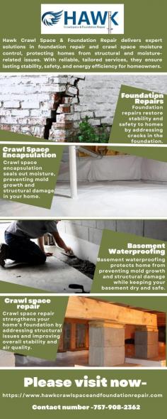 Discover how Hawk Crawl Space & Foundation Repair strengthens homes with specialized services like foundation repair, crawl space encapsulation, and waterproofing. This visual guide showcases the steps and benefits of each service, illustrating how Hawk keeps your home safe, dry, and structurally sound.