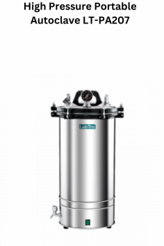 Labtro's Efficient 18L High-Pressure Portable Autoclave for safe sterilization at 129°C. Features work-status indicator, adjustable temperature and time settings, dual-scale pressure gauge, and double safety valves. Equipped with water shortage and overheating protection.
