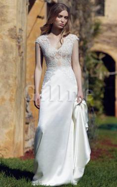 Abito da Sposa A Terra Tubino Cappellino V-Scollo Lungo