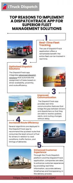 The DispatchTrack app offers a modern approach to fleet optimization, providing accurate tracking of vehicles and drivers. As a powerful fleet management solution, it supports efficient dispatching and load management. With real-time updates, these dispatch solutions reduce delays, ensuring superior fleet performance. Visit here to know more:https://itruckdispatch.mystrikingly.com/blog/top-reasons-to-implement-a-dispatchtrack-app-for-superior-fleet-management