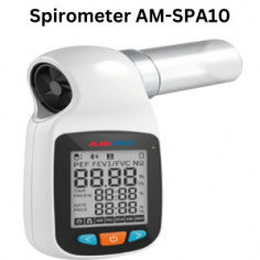 Abimed spirometers efficiently record lung function and vital capacity using infrared technology. Unit features a volume range of 0–10 L, a working current of 80 mA, and a flow rate range of 0–16 L/s. It has parameters including FVC, FEV1, FEV1/FVC, and PEF that can be measured, as well as personal information settings.