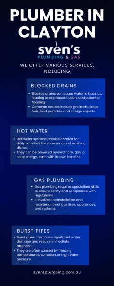 Discover key insights on managing common plumbing issues with our informative infographic! Learn how to tackle blocked drains, maintain hot water systems, ensure gas plumbing safety, and prevent burst pipes. Keep your home running smoothly and avoid costly repairs with these essential tips! Visit  Plumber clayton https://svensplumbing.com.au/plumber-clayton/.