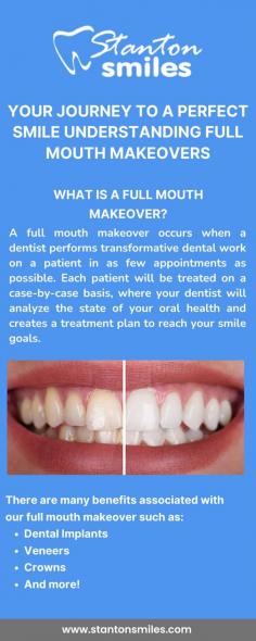 A full-mouth smile makeover is a comprehensive dental treatment designed to enhance the appearance and function of your teeth. This transformative process may involve a combination of teeth whitening, veneers, crowns, and orthodontics. By addressing various dental issues, a full-mouth smile makeover can restore confidence and create a harmonious smile that reflects your personality. Discover the power of a full-mouth smile makeover and embrace your new, radiant self!

https://www.stantonsmiles.com/services/full-mouth-makeover/
