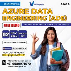 Join Now: https://meet.goto.com/569998709 Attend Online #Free_Demo On #AzureDataEngineering (ADE) by Mr.Siddarth. Demo on: 02 November 2024 @9:00 AM IST. Contact us: +91 9989971070 Visit: https://www.visualpath.in/online-azure-data-engineer-course.html WhatsApp: https://www.whatsapp.com/catalog/919989971070/