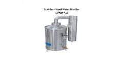 Labtron stainless steel water distiller is a floor-mounted unit with a 20 L/hr distillation capacity. It features a corrosion-resistant reservoir, a shunt valve for precise flow regulation, and a gas vent to ensure safe operation, making it ideal for reliable water purification.