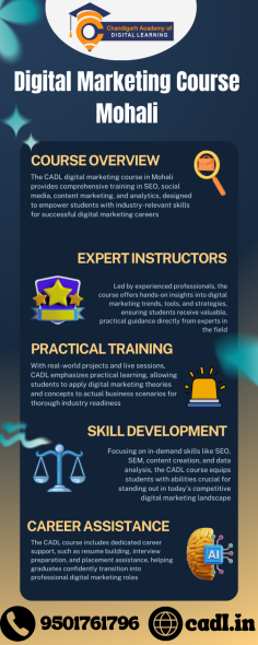 Looking to build a career in digital marketing? CADL (Chandigarh Academy of Digital Learning) offers the best digital marketing courses in Mohali, designed to equip you with practical skills and industry insights. Our programs cover SEO, PPC, social media marketing, content strategy, analytics, and more, preparing you to excel in today’s competitive market. Learn from experienced professionals and work on live projects for hands-on experience.

Contact us today to start your journey in digital marketing:
