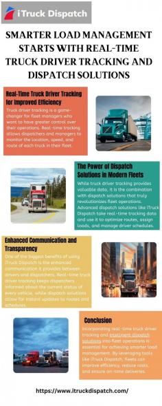 Advanced dispatch solutions paired with real-time truck driver tracking enable superior load management. Monitor driver progress, optimize routes, and reduce delays by using cutting-edge technologies. This integration boosts productivity, cuts operational costs, and ensures on-time deliveries, enhancing overall fleet performance. Visit here to know more:https://sites.google.com/view/smarter-load-management/home