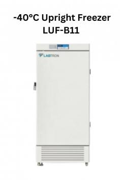 Labtron -40°C Upright Freezer with 439L  features direct cooling, microprocessor control, and a -20 to -40°C range. It has manual defrost, weighs 175 kg, and includes a high-efficiency EBM fan and compressor for stable, low-noise operation. The digital display has 0.1°C precision.