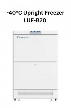 Labtron -40°C Upright Freezer with  450L and features two chambers and compressors, direct cooling, manual defrost, and weighs 144 kg. It includes a digital display, CFC-free foam technology, 80mm insulation, and an advanced alarm system for safe, reliable storage.