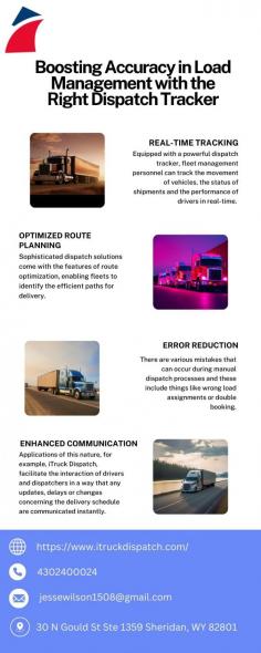 The ideal dispatch tracker transforms load management by offering real-time insights and streamlined processes. Modern dispatch solutions empower fleets to improve accuracy, reduce delays, and achieve optimal resource utilization, making logistics more efficient than ever. Visit here to know more:https://medium.com/@iTruckDispatch/boosting-accuracy-in-load-management-with-the-right-dispatch-tracker-1f70db39ee28