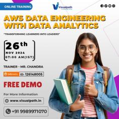 Empower Your Data Skills with AWS Data Engineering & Analytics Expertise. Join Now: https://meet.goto.com/126148005  Attend an Online Free Demo On AWS Data Engineering with Data Analytics by Mr. Chandra. Demo on: 26th Nov 2024 @ 7:00 AM (IST) Contact us: +91 9989971070 WhatsApp: https://www.whatsapp.com/catalog/919989971070/ Visit: https://www.visualpath.in/online-aws-data-engineering-course.html 