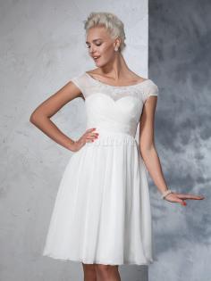 Robe de mariée de princesse au niveau de genou avec manche courte avec chiffon a-ligne