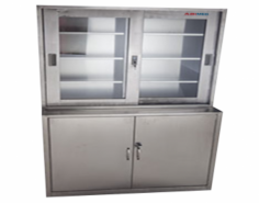 Abimed Medical Cabinet, made from anti-corrosive stainless steel, ensures durability and easy cleaning. With multiple shelves, a stable double bottom, and an extended bottom as a tabletop, it’s highly functional. Features sliding glass and self-closing doors for secure storage.