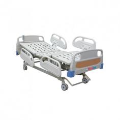 Medical Deals Three-Function Electric Hospital Bed has a durable mild steel frame with an anti-rust epoxy coating. It features a perforated mattress base, detachable head and footboards, noiseless central locking castors, a 200 mm elevation range, and a 250 kg load capacity.