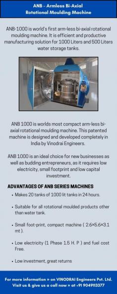 Vinodrai Engineers is known as one of the innovative rotational moulding machine manufacturer.

The ANB-1000 is the world’s first arm-less bi-axial rotational molding machine, offering an efficient and high-productivity solution for manufacturing 1000-liter and 500-liter water storage tanks.

For more information » on VINODRAI Engineers Pvt. Ltd. Visit us & give us a call now » at +91 9049113377