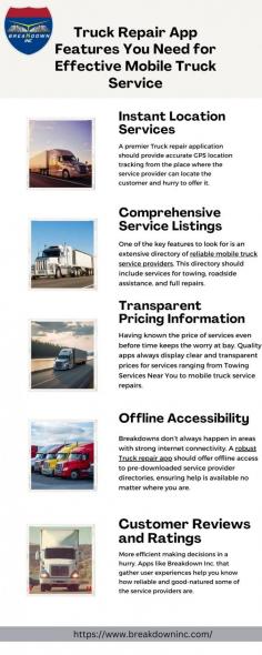 Discover essential Truck Repair App features to ensure seamless mobile truck service. From locating Towing Services Near You to accessing repair shops instantly, our app has everything you need to keep your truck moving. Optimize your journey with real-time assistance and reliable solutions today. Visit here to knwo m ore:https://breakdowninc.wixsite.com/breakdown/post/truck-repair-app-features-you-need-for-effective-mobile-truck-service