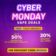 Get the best cyber monday vapes deals right now! Find incredible savings on high-quality e-liquids, pods, and vapes. This Cyber Monday, stock up and get huge discounts on your favorite products. Don't pass on these time-limited deals, which are ideal for giving as gifts or rewarding yourself. Get special discounts on all of your vaping requirements when you shop today. Deals expire soon, so act fast!
Visit Us: https://e-sheesh.co.uk/blog/post/black-friday-vape-deals-50-percent-off 
