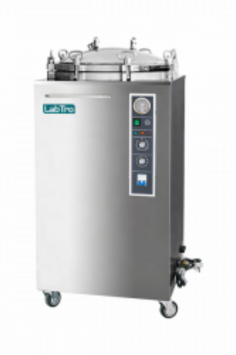 Vertical Autoclave is a 50L fully automated sterilizing unit with a PID microcomputer control system. It features an auto-induction interlock, circuit protection for power fluctuations, and spin buttons for easy time and temperature settings, operating at 115°C-129°C and 0.165 MPa pressure.