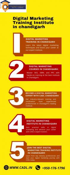 Looking to kickstart your career in digital marketing? CADL (Chandigarh Academy of Digital Learning) is the premier Digital Marketing Training Institute in Chandigarh, offering hands-on courses designed to equip you with the latest industry skills. Our expert trainers provide in-depth knowledge in areas like SEO, social media marketing, PPC, content marketing, and more. Whether you're a beginner or looking to enhance your skills, CADL offers personalized training to help you succeed in the digital world.

Contact us today at 9501761796 or visit our website cadl.in for more information.