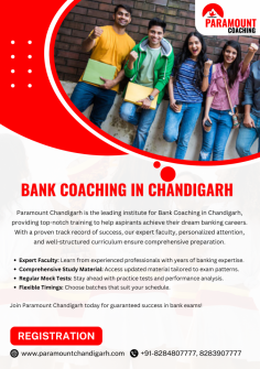 Paramount Coaching is your trusted destination for top-notch Bank Coaching in Chandigarh. With expert faculty, comprehensive study material, and regular mock tests, we ensure you are fully prepared to crack your bank exams. Our personalized teaching approach and result-oriented strategies have helped countless students achieve their dreams of a successful banking career. Whether you're a beginner or need advanced guidance, we provide all the tools you need for success. Enroll today and start your journey toward a bright future