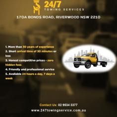 "Since 1986, we've proudly served as Riverwood, Sydney’s trusted towing provider, leveraging over 30 years of experience in every job. Our expertise spans car towing, breakdown assistance, and emergency towing, promising arrival within 30 minutes. Our skilled team handles vehicle recovery, accident towing, and motorcycle towing, while also offering NRMA roadside support. Dedicated to honesty, we provide straightforward pricing with no hidden fees. Rely on us for car removal and insurance towing—available around the clock, every day!

Website :- https://www.247towingservice.com.au/"