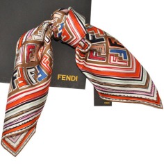 Fendi Silk Square Scarf FF Logo Mocha Navy  Discount Women Designer Scarves Outlet | Como Milano