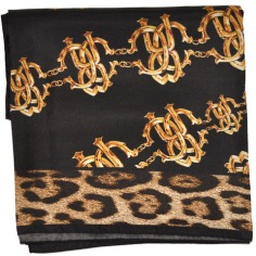 Roberto Cavalli Square Silk Scarf Black Gold Ornamental  Discount Women Designer Scarves Outlet | Como Milano
