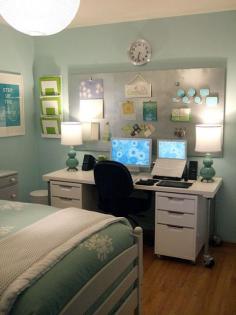 Create an office in your guest bedroom with a small white computer desk