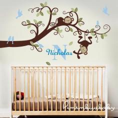 Baby Boy Nursery Decor : Branch Tree, Boy Monkeys and Custom Name - Nursery Wall Decal on Etsy, $112.00