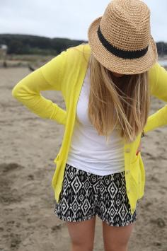 black, white, and yellow. love the shorts with the cardigan.