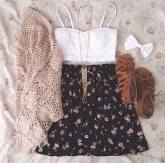 Antique floral print skater skirt, white crop top, Long Arrow pendent  necklace, brown sandals, white bow