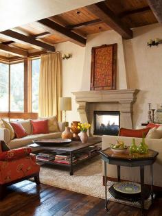 Colors of the Countryside ~ Inspiration for pillow colors in the living room.  The couches look close to ours and red, yellow and green would go with the styles of the rugs in the kitchen and the paint colors.