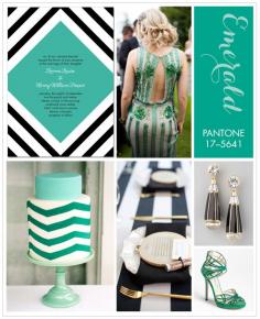 I like the use of emerald here as well as the geometric lines that are used throughout - though I would like our design/prints to be a bit more delicate/artsy and more tribal/deco inspired than chevron.  I also see this as a good mix of modern and vintage (the gown).    blog.weddingpaper...