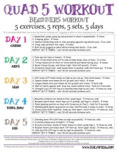 Workout plan for beginners. Short, easy to manage sets. Increase reps as your levels increase. Each day focus on a new body part. Printable.