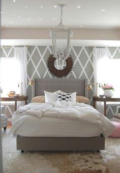 Cool walls, chandelier, and a great mirror. Calming greys and whites are great for bedroom colors!  #design #interiordesign #decor