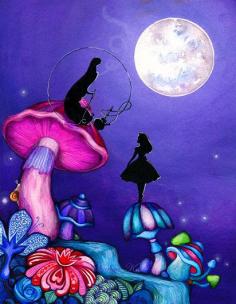 Alice in Wonderland with Caterpillar - Whimsical Colorful Fantasy Wall Art - Giclee Painting Print by Annya Kai. $18.00, via Etsy.