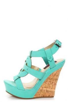 Adorable Teal T-Strap Platform Wedge Sandals